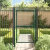 A green metal garden gate is shown in an outdoor setting with a paved walkway and surrounding greenery. Produktbild-Vorschau