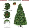 A Christmas tree with decorative pinecones and a stand, shown with close-up details of its needles and pinecones, and a small decorative wreath with a red bow. Podgląd zdjęcia produktu