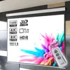 A projection screen displaying various resolution and feature icons, with a remote control in the foreground. Produktbild-Vorschau