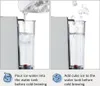 Two images showing steps for preparing a coffee machine water tank: one pouring ice water, the other adding ice cubes. Produktbild-Vorschau