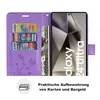 A purple flip wallet case for a Samsung Galaxy S24 Ultra, shown open with credit cards and cash inserted, and the phone screen displaying marketing text. Produktbild-Vorschau