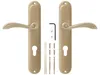 A pair of bronze door handles with their accompanying hardware, laid out on a white background. Produktbild-Vorschau