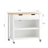 A white kitchen cart with a wooden top and two shelves, featuring dimensions indicated by measurement lines and text. Produktbild-Vorschau