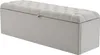 A light gray upholstered storage bench with a tufted lid. Voir les images du produit
