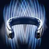 A neck fan is displayed against a dark background with abstract blue light streaks. Produktbild-Vorschau