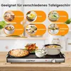A kitchen counter with a food warmer and various food items, along with images showcasing different types of tableware. Podgląd zdjęcia produktu