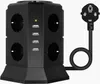 A black power strip tower with multiple outlets and USB ports, shown on a white background with its power cord coiled to the side. Produktbild-Vorschau