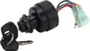 A black ignition switch with two keys and multiple colored wires attached, set against a white background. Voir les images du produit