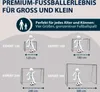 A marketing image showing different sizes of HUDORA football goals with 3D figures to indicate scale and size. Produktbild-Vorschau