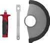 A set of accessories for an angle grinder, including a handle, a wrench, and a guard. Produktbild-Vorschau