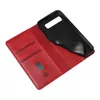A red leather flip phone case with a black inner shell is shown against a white background. Produktbild-Vorschau