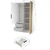 A 3D rendering of a white wardrobe with wooden accents, showing its internal compartments and dimensions. Produktbild-Vorschau