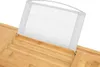 A close-up view of a wooden bath tray with a white mesh holder for a tablet or book. Podgląd zdjęcia produktu