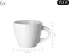 A white ceramic coffee cup with dimensions indicated. Produktbild-Vorschau