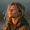A woman wearing earbuds and a jacket, looking up at the sky during sunset. Podgląd zdjęcia produktu
