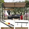A grill pavilion with a smoker grill, chairs, and greenery in the background. Insets show a close-up of a hook and a shelf with food. Podgląd zdjęcia produktu