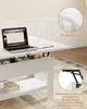 A white coffee table with a laptop and notebook on top, and storage compartments underneath. Close-up insets highlight the lift-up design and metal hinges. Voir les images du produit