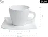 A white coffee cup and saucer with measurement indicators. Produktbild-Vorschau