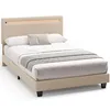 A beige upholstered bed with a headboard featuring integrated lighting, shown with white bedding and a gray throw blanket. Náhľad obrázku produktu