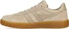 A side view of a single beige sneaker with a brown sole. Produktbild-Vorschau