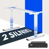 A white electric standing desk frame with a black control panel, set against a background with white and blue sections. Large white text overlays the bottom left of the image. Podgląd zdjęcia produktu
