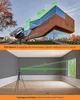 The image shows two scenarios demonstrating the use of a laser distance meter. The top image shows the device measuring the distance to a building, and the bottom image illustrates its use in measuring height using the Pythagorean theorem. Anteprima dell’immagine prodotto