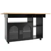 A black kitchen island with a wooden countertop and glass doors. Produktbild-Vorschau