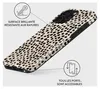 A phone case with a dalmatian-like pattern is shown from a diagonal angle, with callouts highlighting its features. Anteprima dell’immagine prodotto