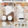 A collage showing a vacuum cleaner dust bag, close-ups of filter materials, and a robot vacuum cleaner base station with a dust bag being inserted. Produktbild-Vorschau