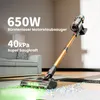 A cordless vacuum cleaner is shown in a living room setting, cleaning up colorful debris from the floor. Text overlays highlight its power and suction capabilities. Produktbild-Vorschau