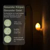 A Himalayan salt night light plugged into a wall socket, with a graphic overlay detailing product features. Produktbild-Vorschau