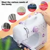 A sewing machine is shown with various fabric items and text overlays indicating its uses. Produktbild-Vorschau