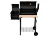 A black charcoal smoker grill with a wooden shelf and a metal rack underneath, shown against a white background. Produktbild-Vorschau