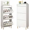 A white shoe cabinet with a mirror on top is shown next to a similar cabinet without a mirror. The cabinet on the left has its shoe shelves open, displaying shoes. Produktbild-Vorschau