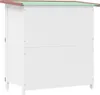A white wooden rabbit hutch with a green roof and brown trim, shown from a side-rear angle. Produktbild-Vorschau