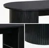 Collage of close-up shots of a black wooden bar table, showing its textured surface and storage compartments. Produktbild-Vorschau