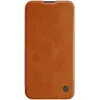 A brown leather phone case is shown against a white background. Produktbild-Vorschau