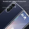 Close-up of a clear phone case on a dark, textured background, highlighting screen and camera protection. Produktbild-Vorschau