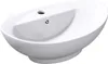 A white ceramic sink with a drain and overflow hole. Produktbild-Vorschau