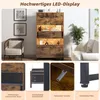 A collage of images showcasing a wooden cabinet with LED lighting, close-ups of its features, and a lifestyle shot of a living room. Produktbild-Vorschau