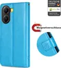 A blue flip wallet case for a smartphone, shown from the front with a close-up of the closure mechanism. Produktbild-Vorschau