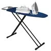 A blue ironing board with a stack of white shirts and a white iron on it, set against a white background. Produktbild-Vorschau