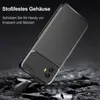 A phone case with a carbon fiber texture is shown at an angle, with a dark, rocky background and some debris falling. Produktbild-Vorschau