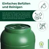 A green barrel with water splashing inside, accompanied by marketing text and icons. Produktbild-Vorschau