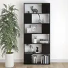 A black bookshelf filled with decorative items and books, placed against a white wall next to a large potted plant. Náhled obrázku produktu