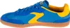 A side view of a blue and yellow sneaker with a brown sole. Produktbild-Vorschau