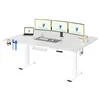 A white adjustable standing desk with multiple monitors, a laptop, and accessories. Podgląd zdjęcia produktu