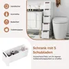 A bathroom scene featuring a narrow storage cabinet with drawers next to a toilet, and a separate storage bin filled with toiletries. Produktbild-Vorschau