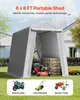 A portable shed in a yard with a lawnmower and stacked wood inside, with images of a motorcycle, lawnmower, and garden tools below. Produktbild-Vorschau
