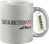 Huuraa Glitzertasse Sozialarbeiterin mit Herz 330ml Silber Produktbild-Vorschau 1